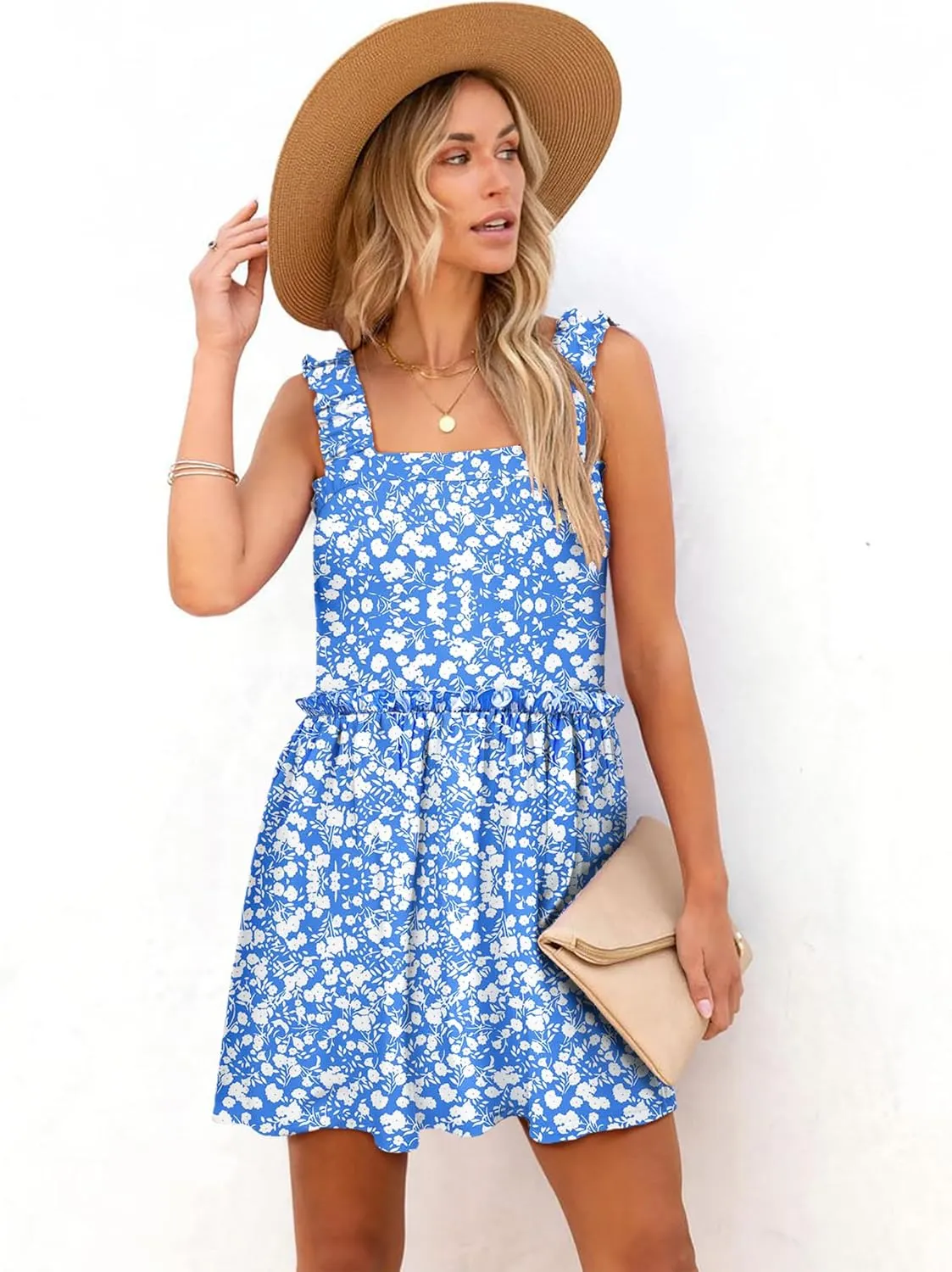 Women's Floral Summer Mini Dresses Ruffle Straps Boho Tiered Babydoll Tank Sundress Beach Vacation Short Dresses