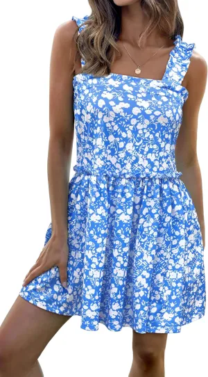 Women's Floral Summer Mini Dresses Ruffle Straps Boho Tiered Babydoll Tank Sundress Beach Vacation Short Dresses