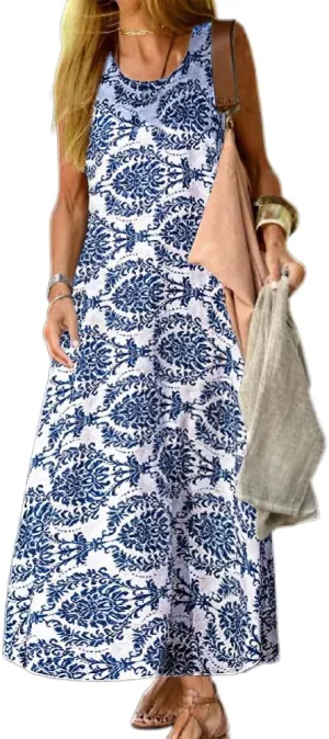 Womens Flowy Cotton Linen Boho Floral Sleeveless Maxi Dresses Casual Loose Summer Vacation Dress with Pockets