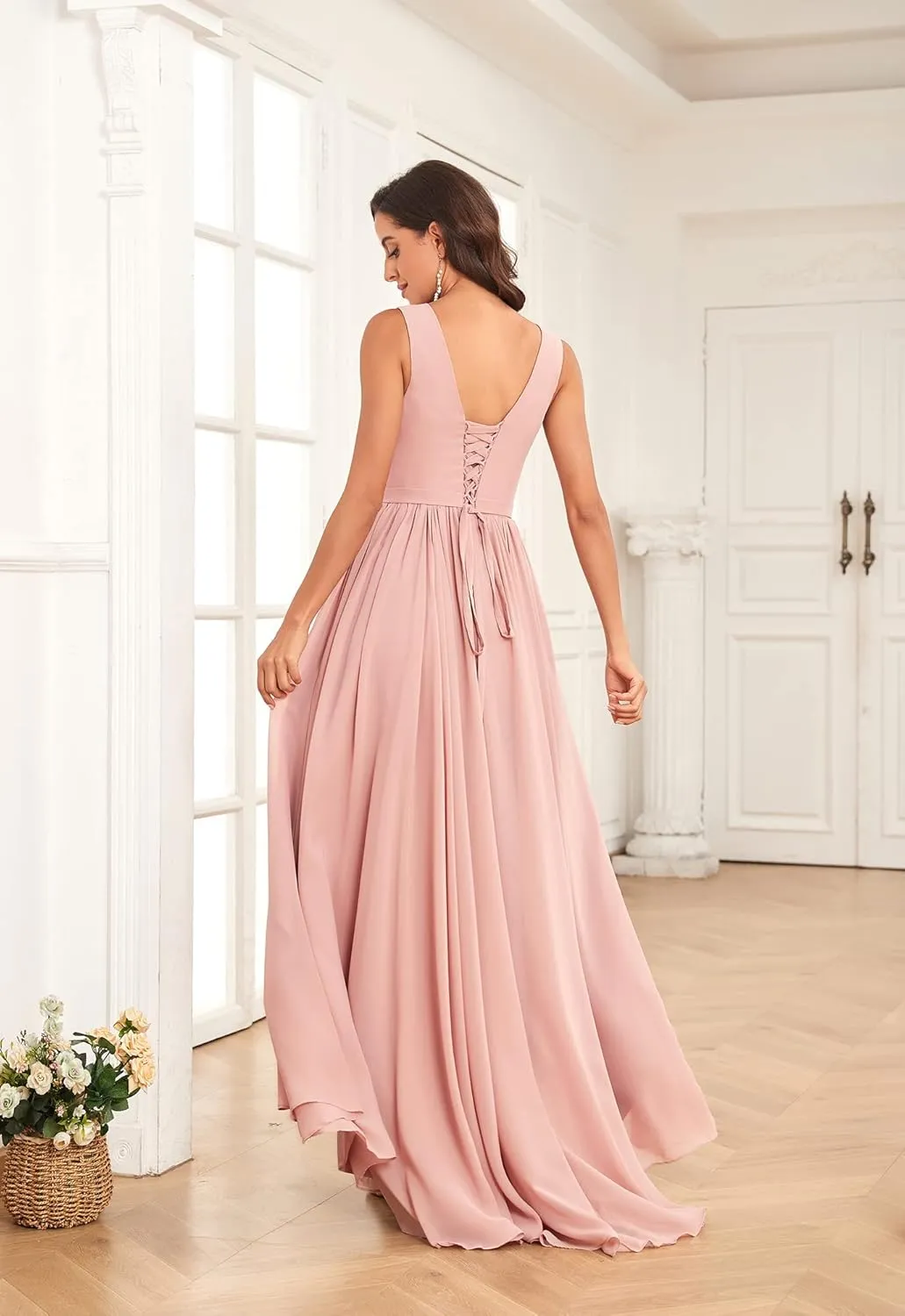 Women's High Low V Neck Bridesmaid Dresses Long with Slit Ruffle Pleated Chiffon Formal Dress