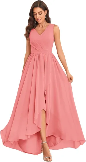 Women's High Low V Neck Bridesmaid Dresses Long with Slit Ruffle Pleated Chiffon Formal Dress