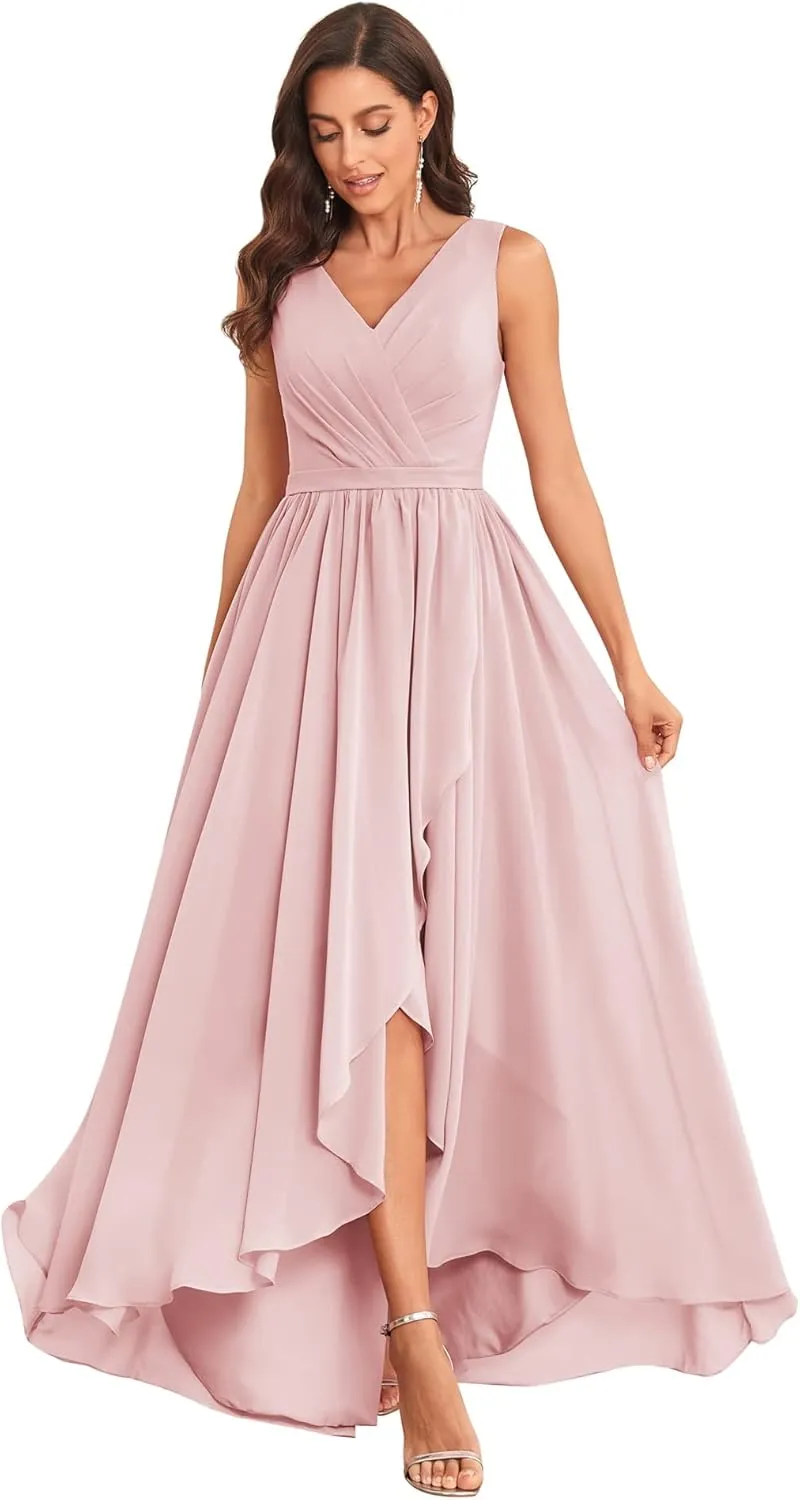 Women's High Low V Neck Bridesmaid Dresses Long with Slit Ruffle Pleated Chiffon Formal Dress