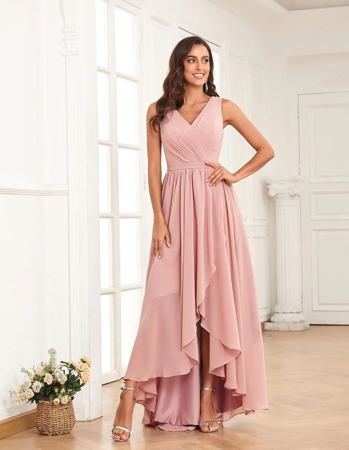 Women's High Low V Neck Bridesmaid Dresses Long with Slit Ruffle Pleated Chiffon Formal Dress