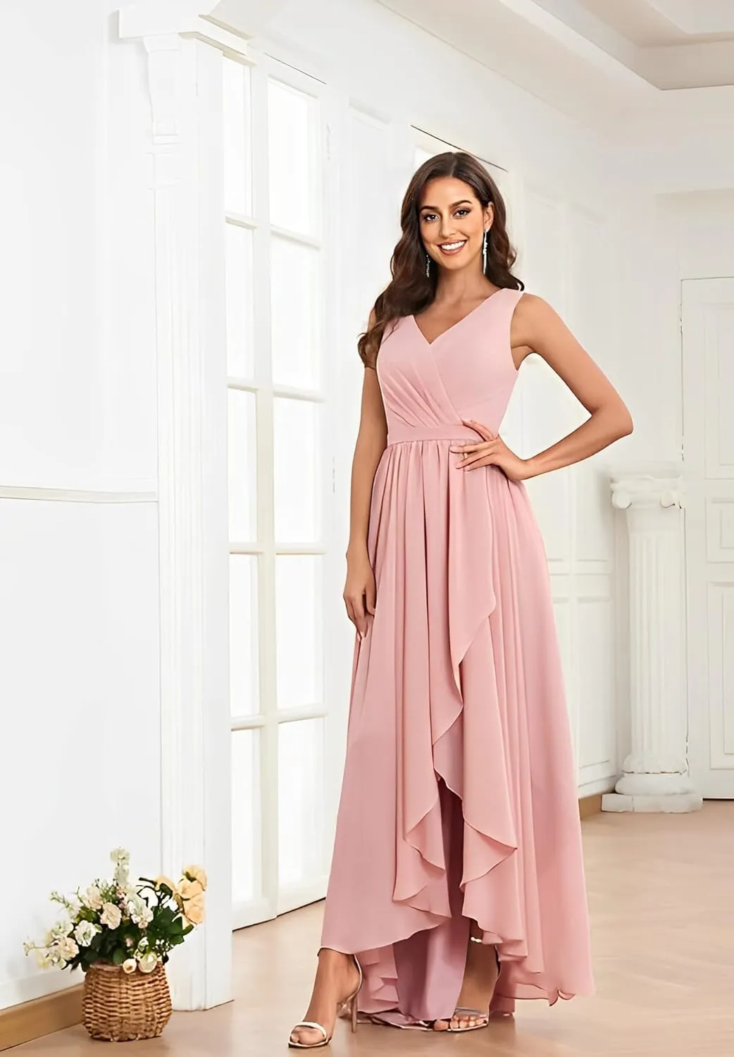 Women's High Low V Neck Bridesmaid Dresses Long with Slit Ruffle Pleated Chiffon Formal Dress