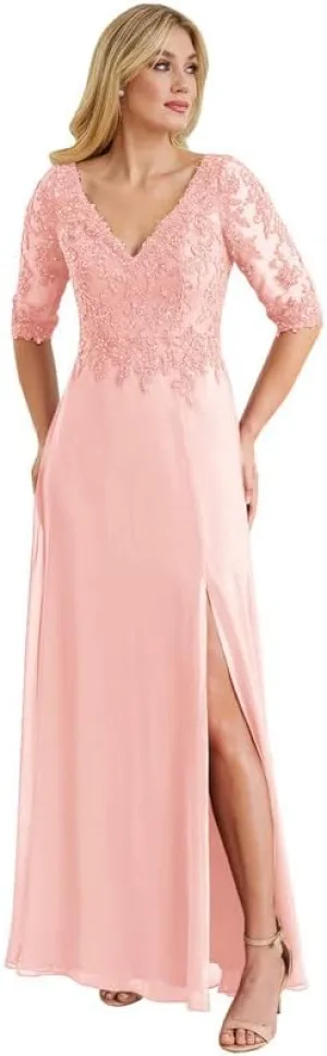 Women's Lace Beaded Mother of The Bride Dresses with Sleeves Long Chiffon V Neck Formal Evening Gown for Wedding