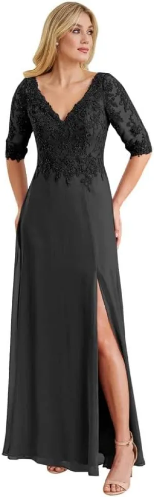 Women's Lace Beaded Mother of The Bride Dresses with Sleeves Long Chiffon V Neck Formal Evening Gown for Wedding