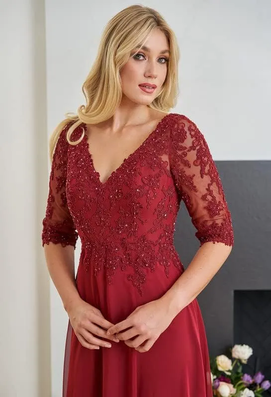Women's Lace Beaded Mother of The Bride Dresses with Sleeves Long Chiffon V Neck Formal Evening Gown for Wedding