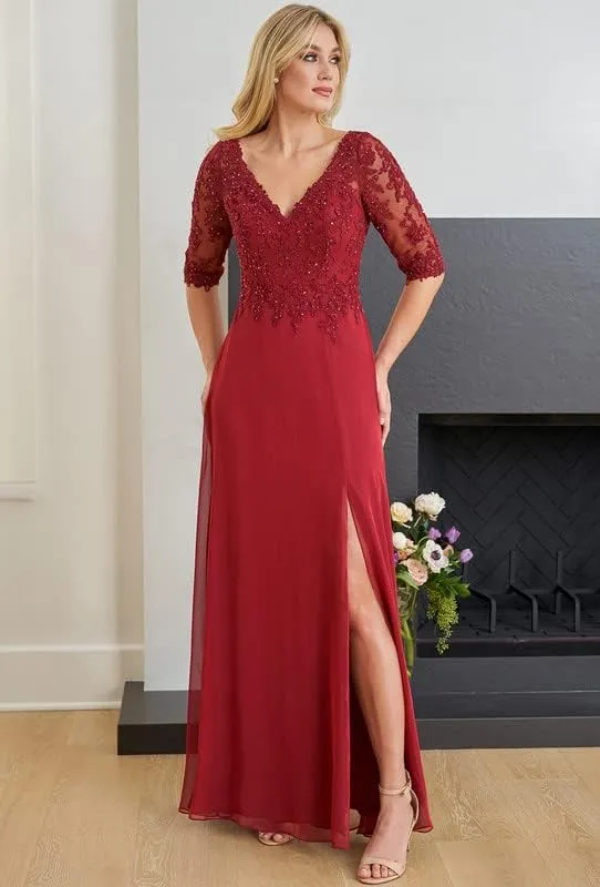 Women's Lace Beaded Mother of The Bride Dresses with Sleeves Long Chiffon V Neck Formal Evening Gown for Wedding