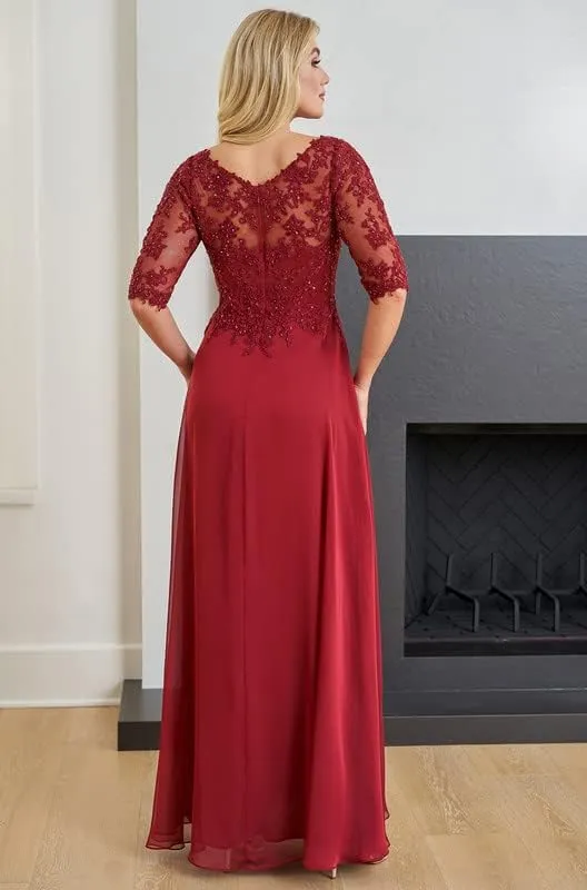 Women's Lace Beaded Mother of The Bride Dresses with Sleeves Long Chiffon V Neck Formal Evening Gown for Wedding