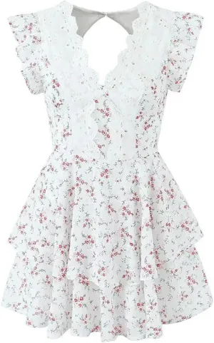 Women's Lace Embroidery Spliced Floral Mini Dress Backless Flying Sleeve Holiday Dresses