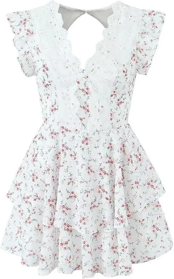 Women's Lace Embroidery Spliced Floral Mini Dress Backless Flying Sleeve Holiday Dresses