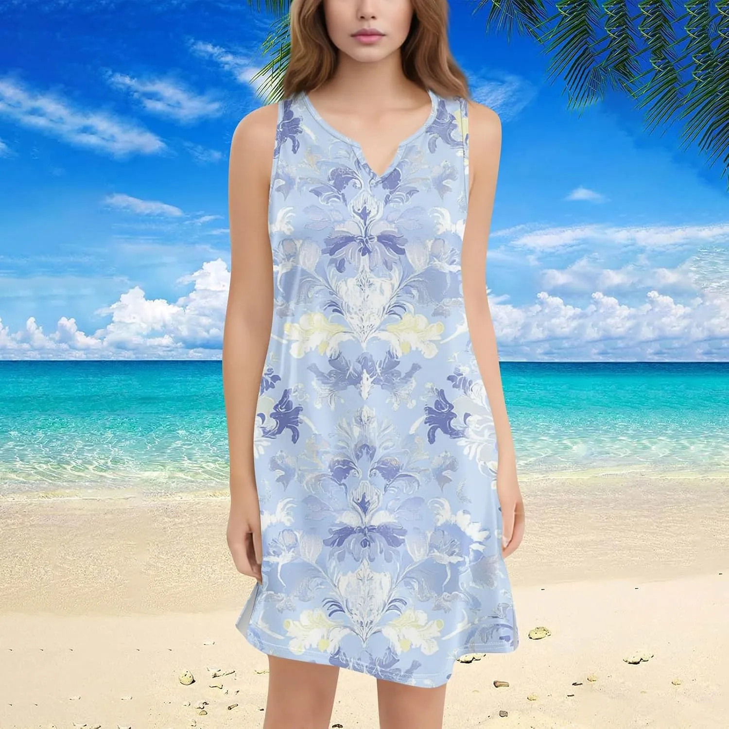 Women's Lightweight Sleeveless 2025 Dress Elegant V-Neck Casual Floral Print Dressy A-Line Sundress Beach Slim Dresses