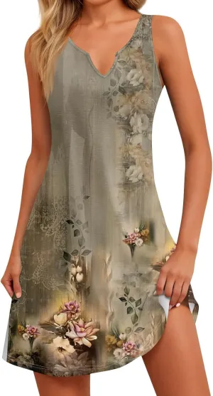 Women's Lightweight Sleeveless 2025 Dress Elegant V-Neck Casual Floral Print Dressy A-Line Sundress Beach Slim Dresses