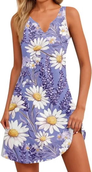 Women's Lightweight Sleeveless 2025 Dress Elegant V-Neck Casual Floral Print Dressy A-Line Sundress Beach Slim Dresses
