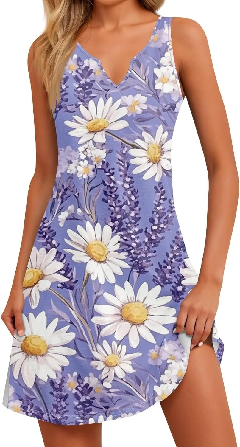 Women's Lightweight Sleeveless 2025 Dress Elegant V-Neck Casual Floral Print Dressy A-Line Sundress Beach Slim Dresses