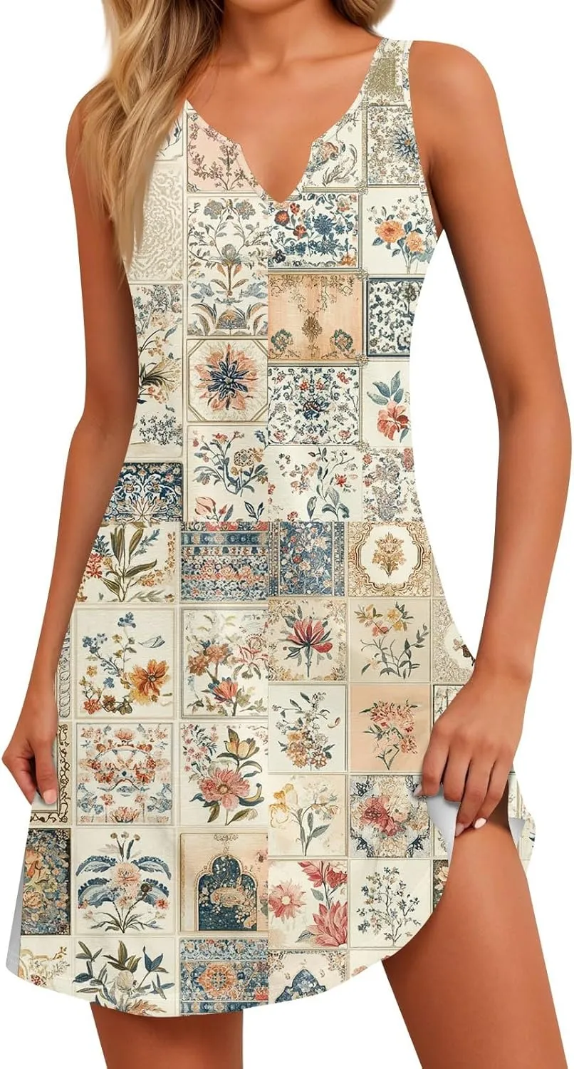 Women's Lightweight Sleeveless 2025 Dress Elegant V-Neck Casual Floral Print Dressy A-Line Sundress Beach Slim Dresses