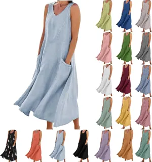Women's Linen Dress Sleeveless Cotton Linen Maxi Dresses Plus Size Flowy Tank Sundress Beach Vacation Outfits