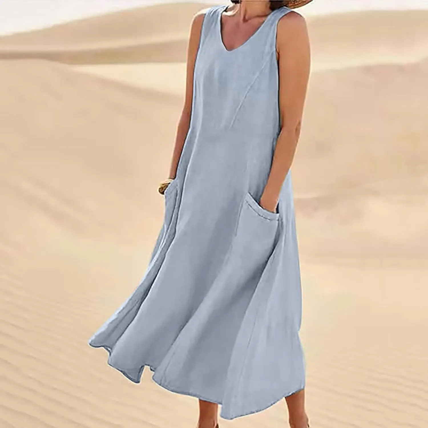 Women's Linen Dress Sleeveless Cotton Linen Maxi Dresses Plus Size Flowy Tank Sundress Beach Vacation Outfits
