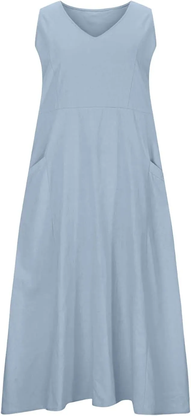 Women's Linen Dress Sleeveless Cotton Linen Maxi Dresses Plus Size Flowy Tank Sundress Beach Vacation Outfits