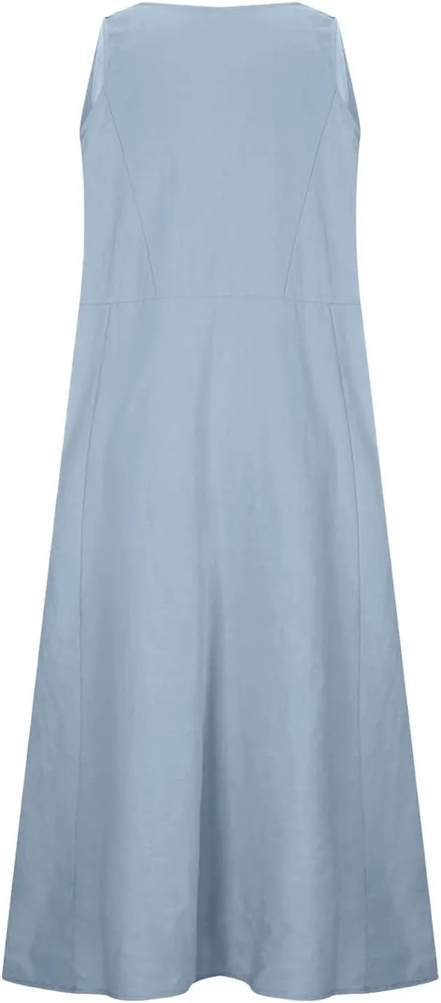 Women's Linen Dress Sleeveless Cotton Linen Maxi Dresses Plus Size Flowy Tank Sundress Beach Vacation Outfits