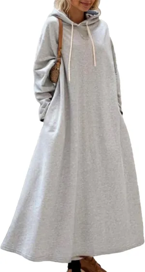 Womens Long Sleeve Swing Hoodie Dresses Casual Maxi Drawstring Sweatshirt Dress Oversized Modest Dress for Women with Pockets