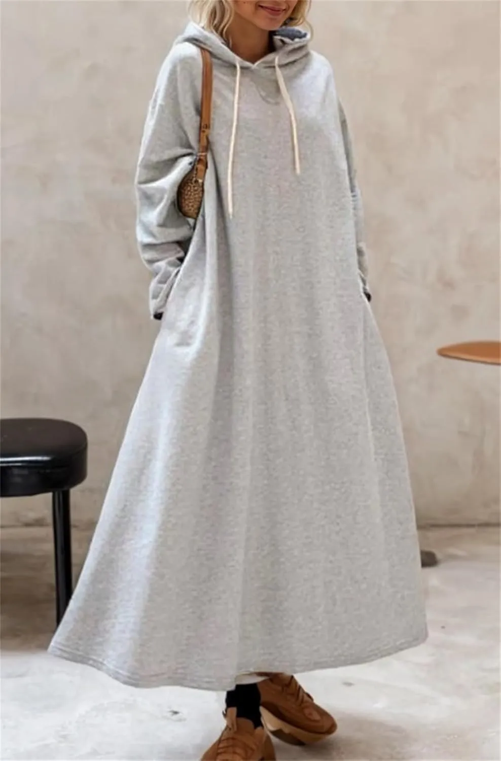 Womens Long Sleeve Swing Hoodie Dresses Casual Maxi Drawstring Sweatshirt Dress Oversized Modest Dress for Women with Pockets