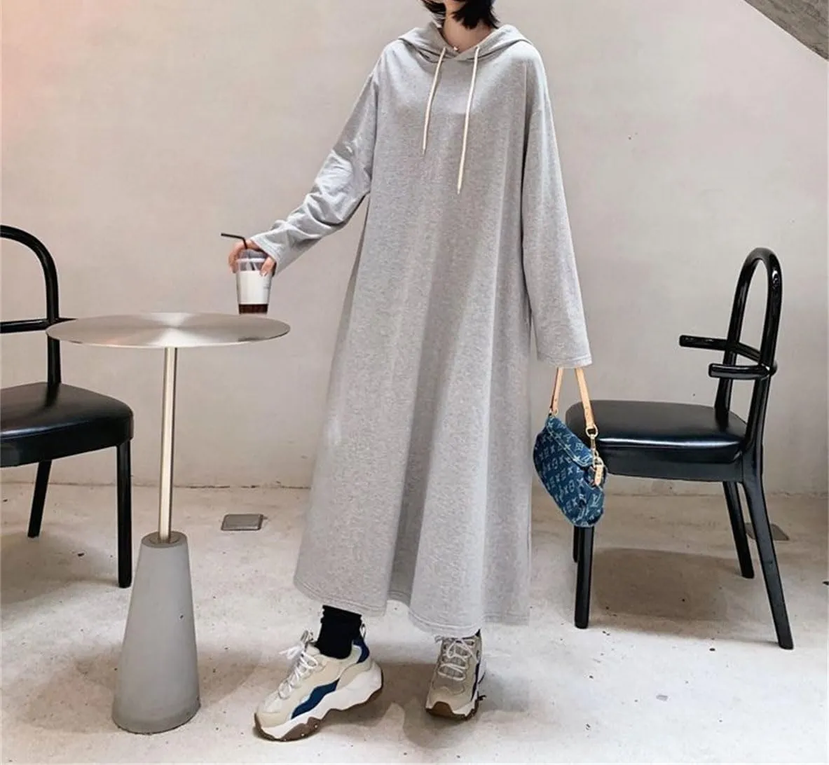 Womens Long Sleeve Swing Hoodie Dresses Casual Maxi Drawstring Sweatshirt Dress Oversized Modest Dress for Women with Pockets