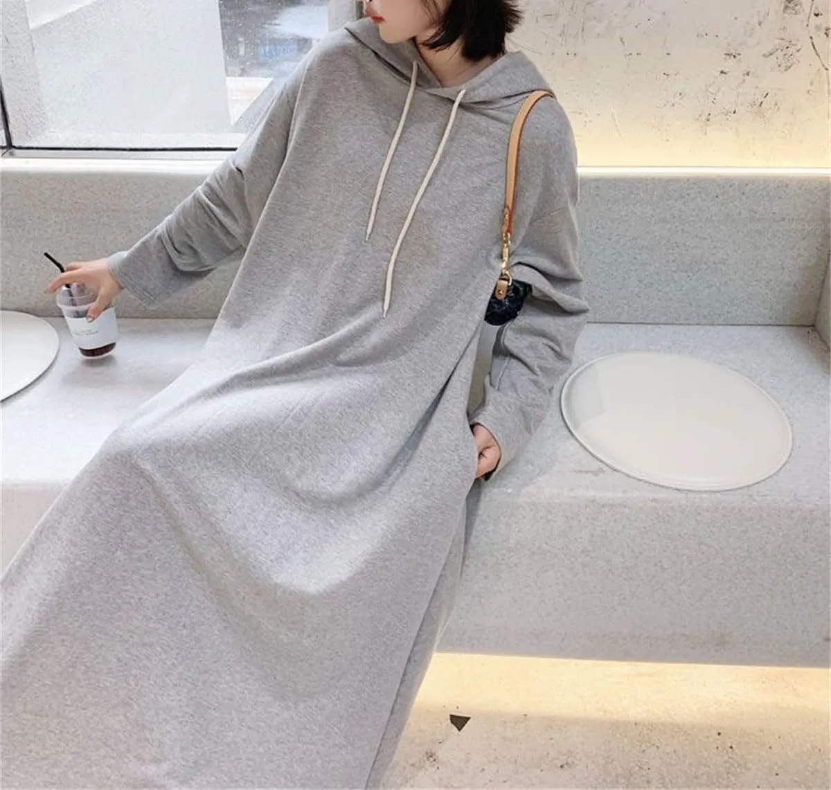 Womens Long Sleeve Swing Hoodie Dresses Casual Maxi Drawstring Sweatshirt Dress Oversized Modest Dress for Women with Pockets