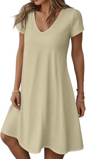 Womens Midi Floral Dresses Summer Trendy Loose Flowy A Line Dress Boho Short Sleeve V Neck Frocks
