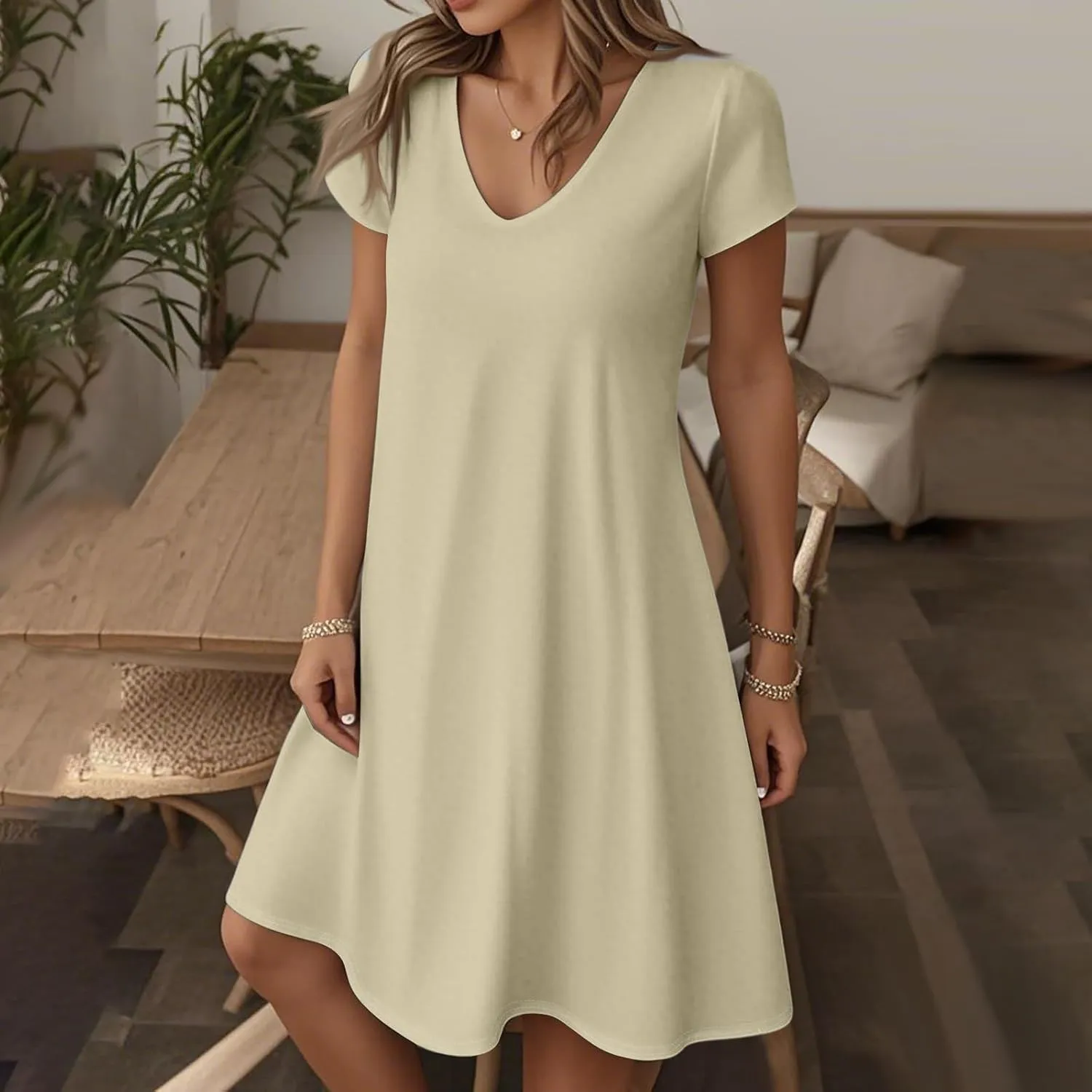 Womens Midi Floral Dresses Summer Trendy Loose Flowy A Line Dress Boho Short Sleeve V Neck Frocks