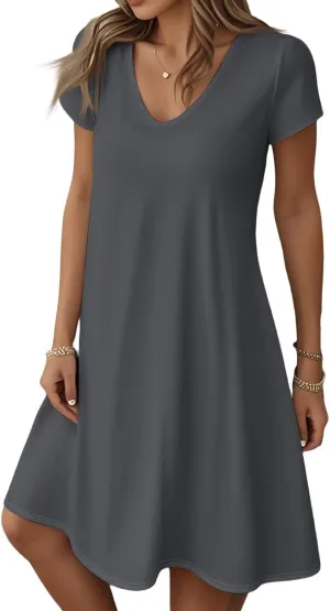 Womens Midi Floral Dresses Summer Trendy Loose Flowy A Line Dress Boho Short Sleeve V Neck Frocks