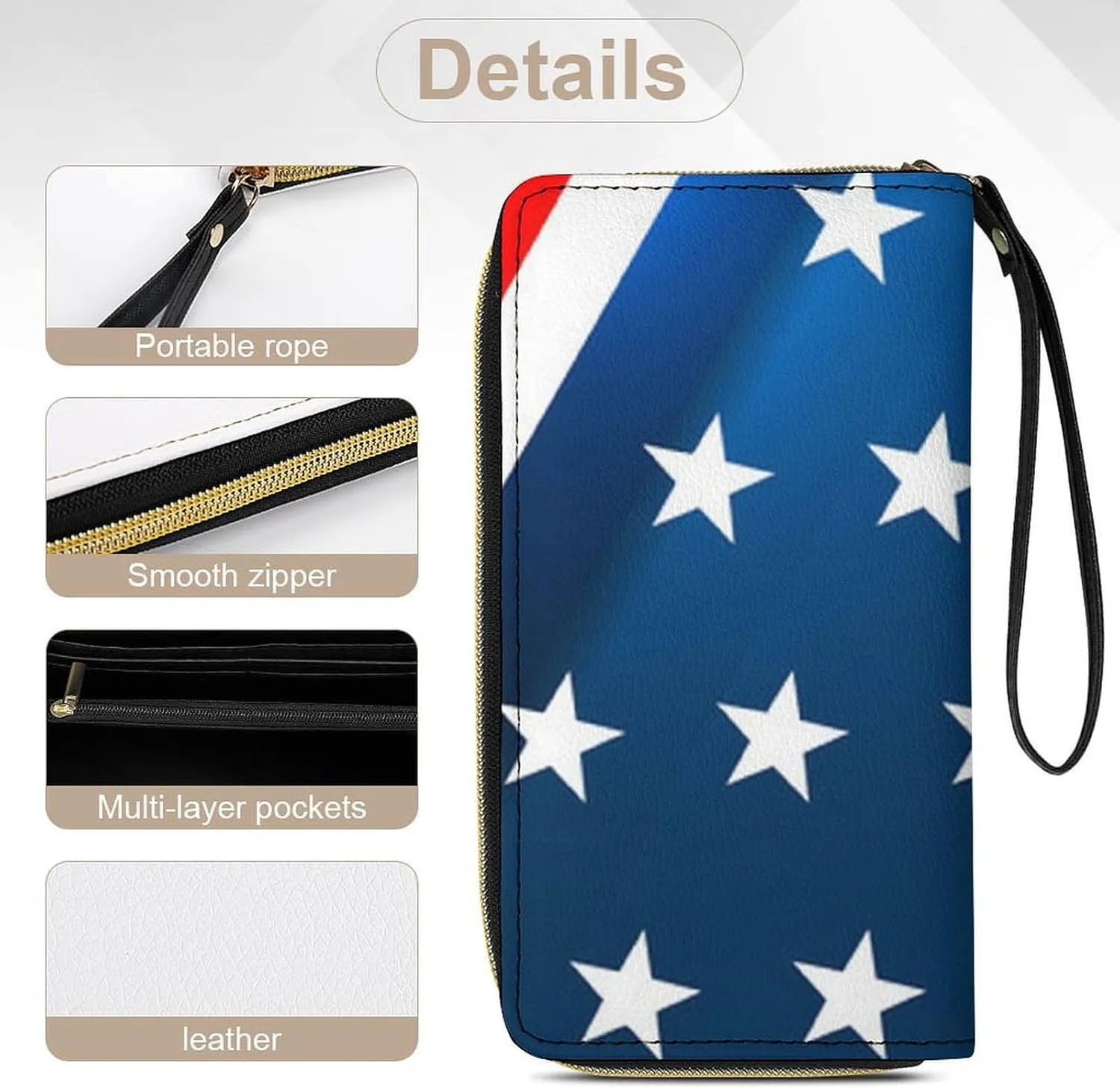 Women's Modern USA American Flag Pattern PU Leather Clutch with Wristlet, 7.8x4.1x1.4 Inch Compact Wallet for Daily Essentials, Fashionable and Functional Design