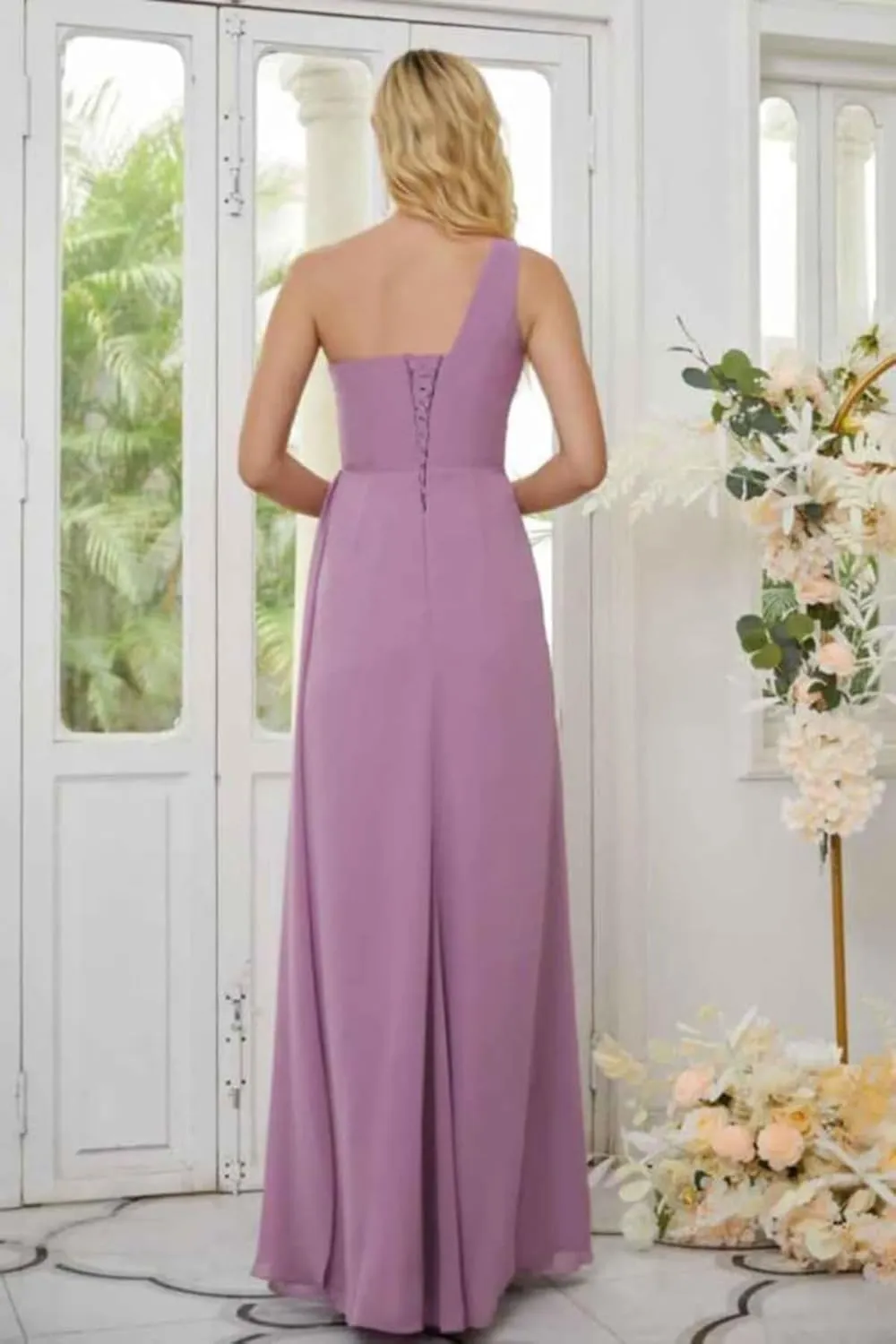 Women's One Shoulder Bridesmaid Dresses Long Floral Chiffon Formal Evening Gown with Slit Bohemian