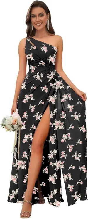 Women's One Shoulder Bridesmaid Dresses Long Floral Chiffon Formal Evening Gown with Slit Bohemian