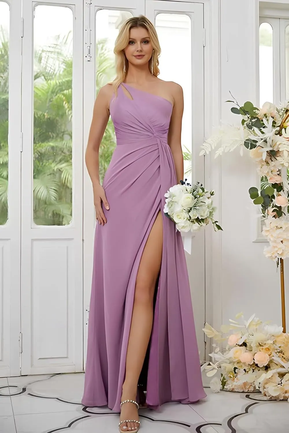 Women's One Shoulder Bridesmaid Dresses Long Floral Chiffon Formal Evening Gown with Slit Bohemian