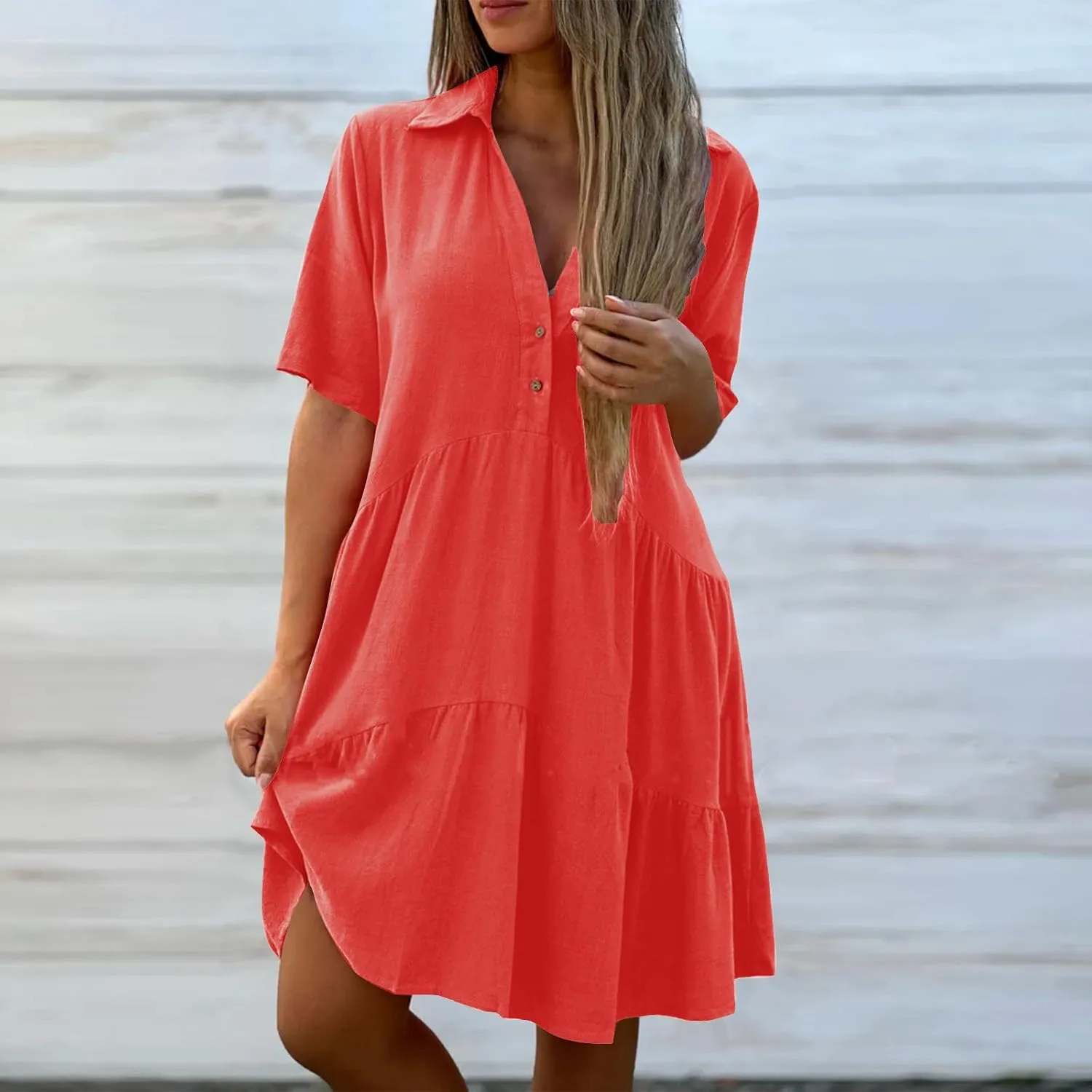 Women's Pleated Flowy T Shirt Dresses Plus Size V Neck Button Up Short Sleeve Midi Dress Loose Fit Tiered Sundress