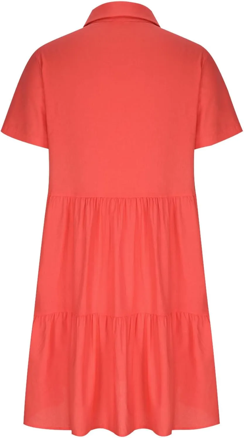 Women's Pleated Flowy T Shirt Dresses Plus Size V Neck Button Up Short Sleeve Midi Dress Loose Fit Tiered Sundress
