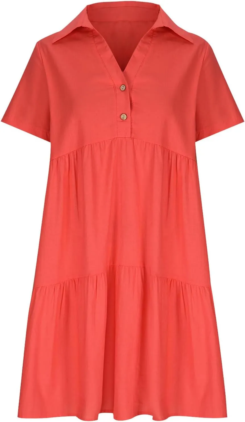 Women's Pleated Flowy T Shirt Dresses Plus Size V Neck Button Up Short Sleeve Midi Dress Loose Fit Tiered Sundress