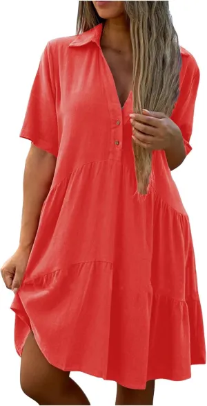 Women's Pleated Flowy T Shirt Dresses Plus Size V Neck Button Up Short Sleeve Midi Dress Loose Fit Tiered Sundress