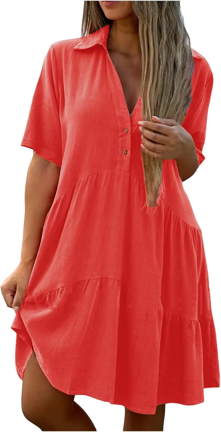 Women's Pleated Flowy T Shirt Dresses Plus Size V Neck Button Up Short Sleeve Midi Dress Loose Fit Tiered Sundress