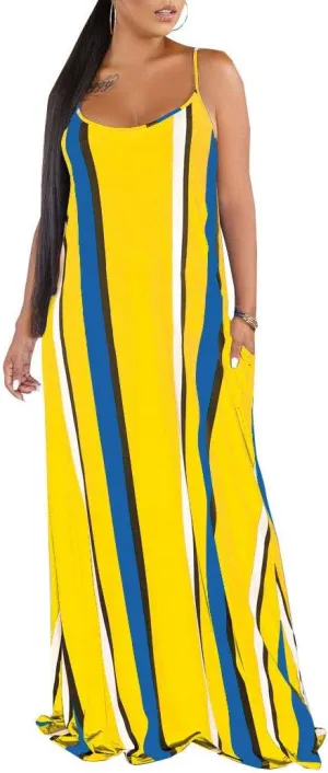 Womens Plus-Size Summer Bohemian Beach Sundress Spaghetti Strap Loose Long Maxi Dresses with Pockets