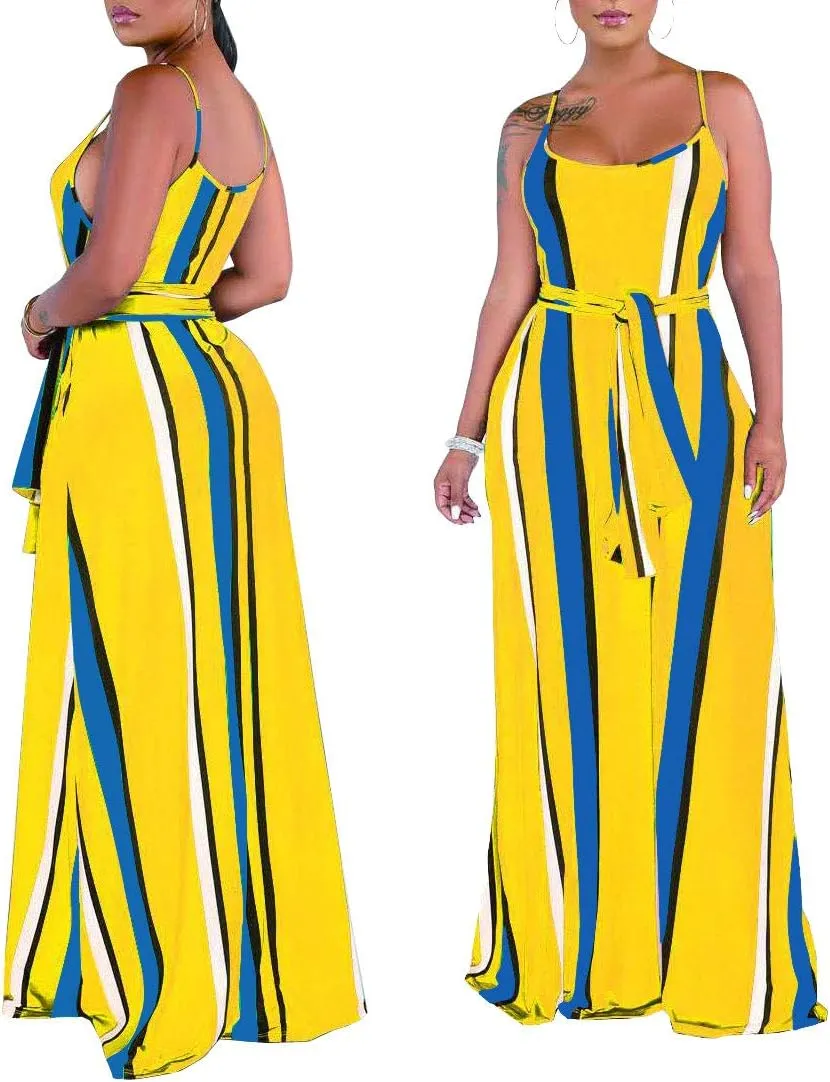 Womens Plus-Size Summer Bohemian Beach Sundress Spaghetti Strap Loose Long Maxi Dresses with Pockets