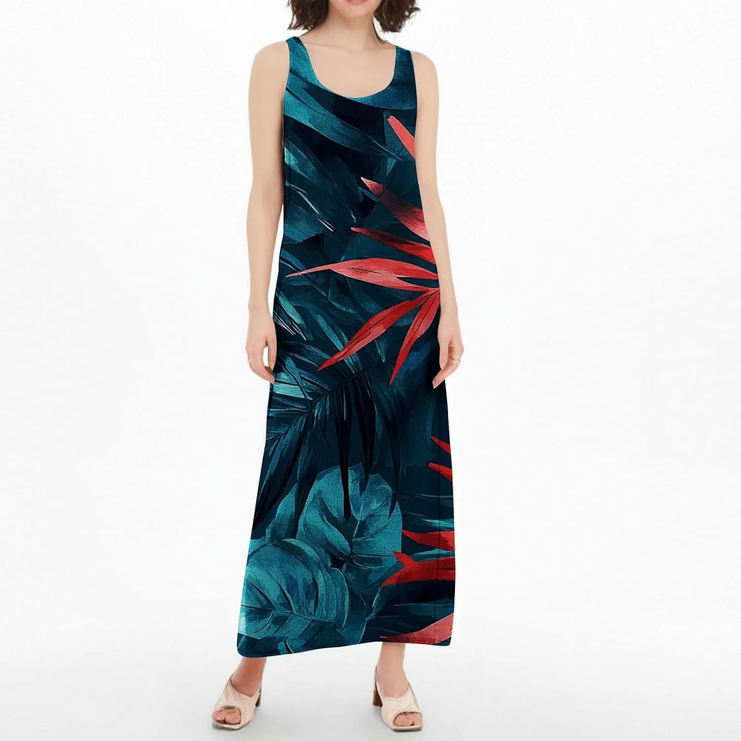 Women's Round Neck Sleeveless Loose Summer Beach Vest Dress with Casual Print 2025 Maxi Sundress
