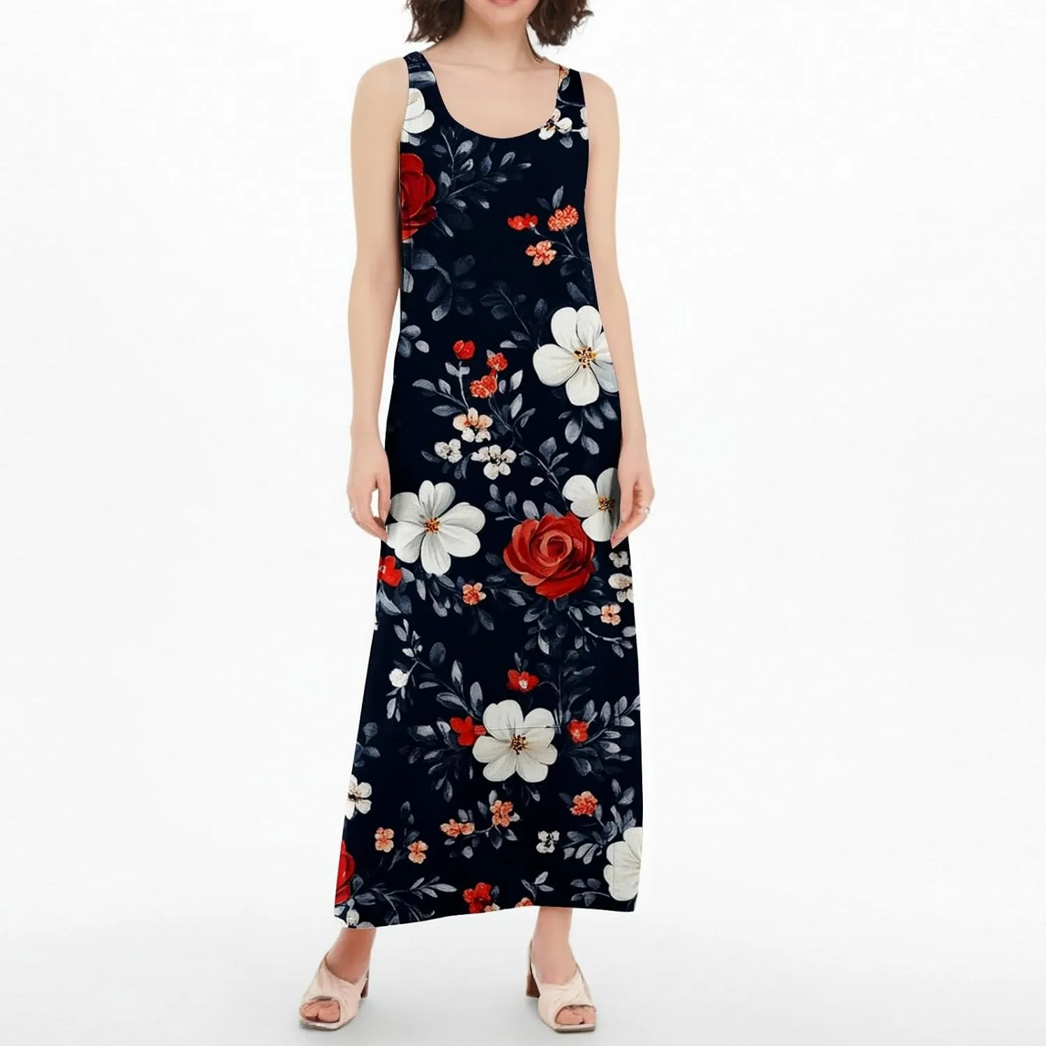 Women's Round Neck Sleeveless Loose Summer Beach Vest Dress with Casual Print 2025 Maxi Sundress