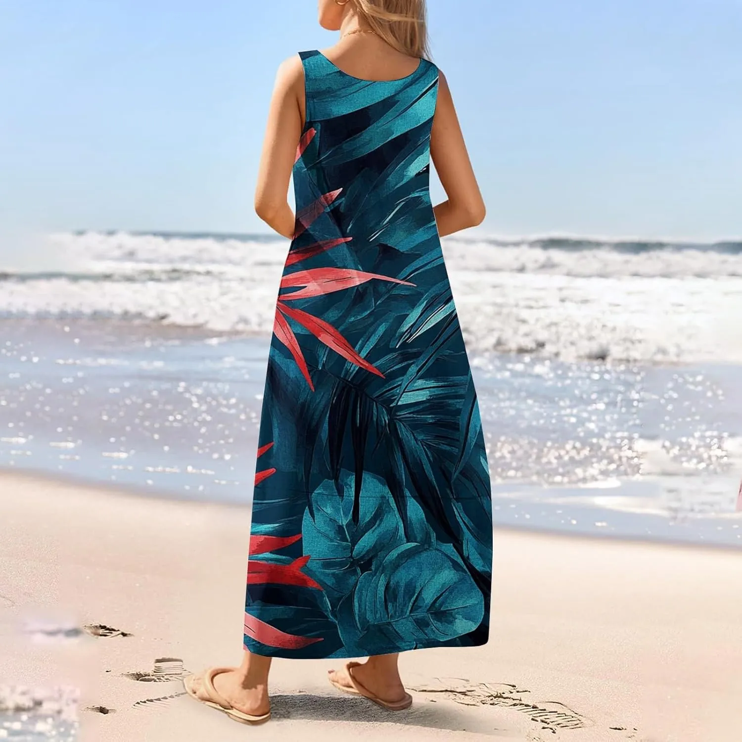 Women's Round Neck Sleeveless Loose Summer Beach Vest Dress with Casual Print 2025 Maxi Sundress