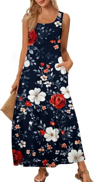 Women's Round Neck Sleeveless Loose Summer Beach Vest Dress with Casual Print 2025 Maxi Sundress