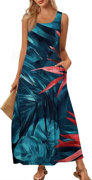 Women's Round Neck Sleeveless Loose Summer Beach Vest Dress with Casual Print 2025 Maxi Sundress
