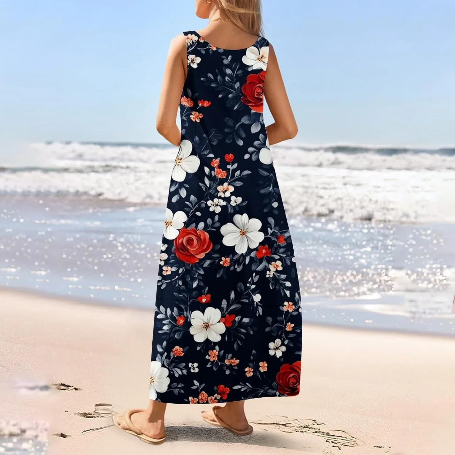 Women's Round Neck Sleeveless Loose Summer Beach Vest Dress with Casual Print 2025 Maxi Sundress