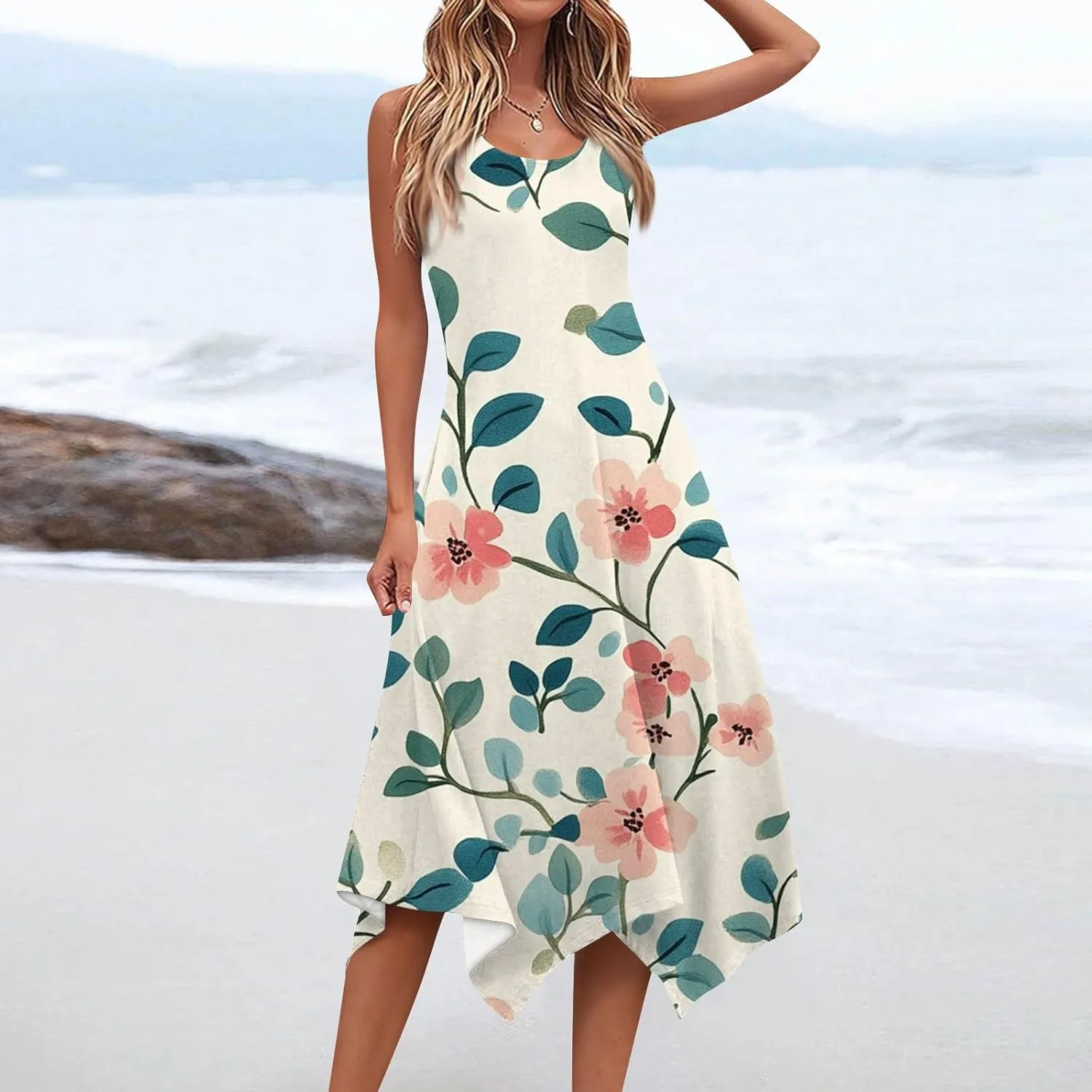 Women's Round Neck Sleeveless Tank Sundresses 2025 Floral Print Irregular Hem Midi Dress, S-2XL