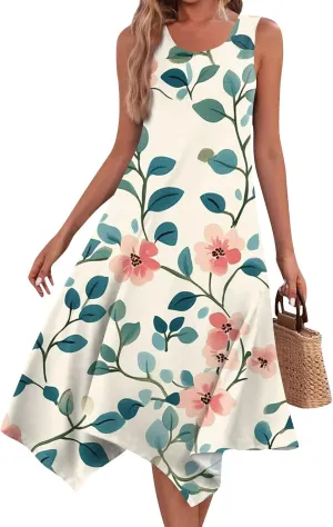 Women's Round Neck Sleeveless Tank Sundresses 2025 Floral Print Irregular Hem Midi Dress, S-2XL